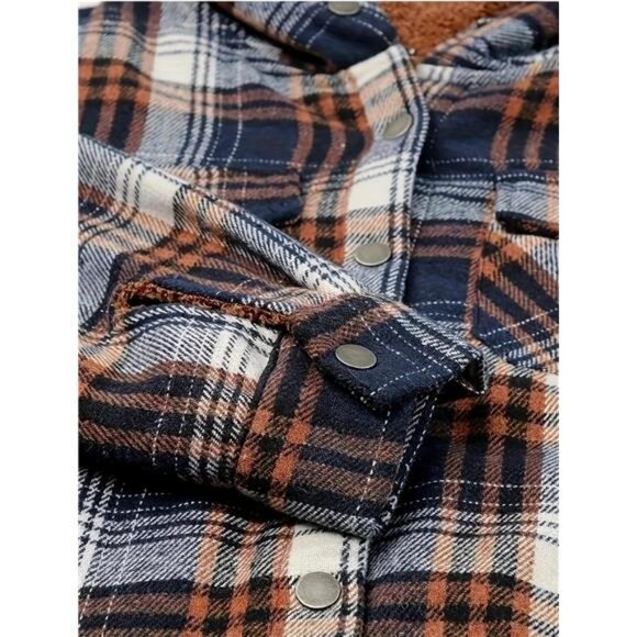 Womens Plaid Shacket Jacket Long Sleeve Fleece Hooded Jackets Fall - Picture 5 of 6